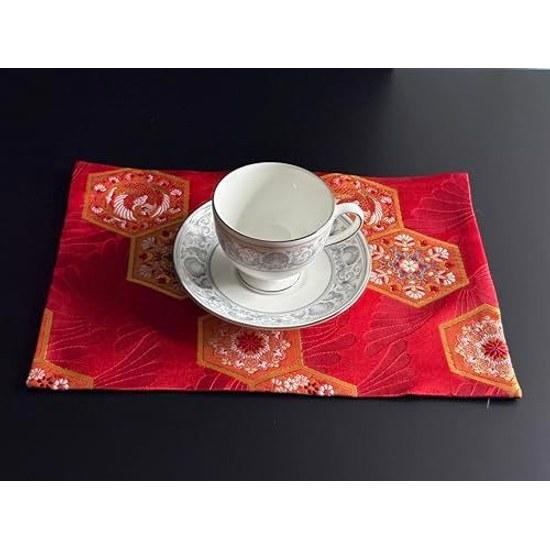 Kinran-ori Tea Mat Tokoshie Japanese Traditional Patterns Wagara Obi-style High-end Tableware (red)
