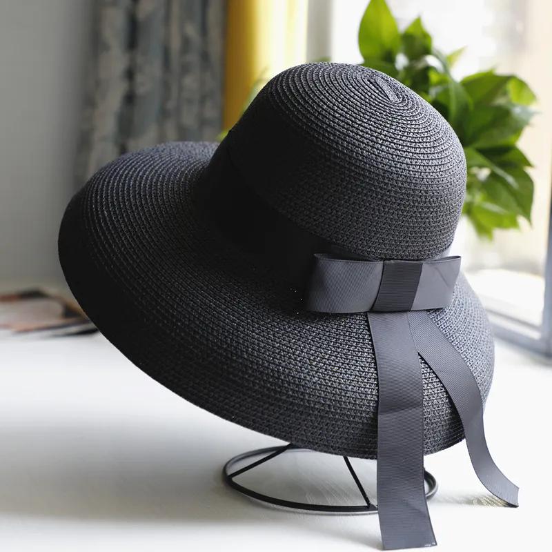 WTEMPO Black Bow Casual Foldable Summer Straw Hats Women's Wide Brim Solid Color Outdoor Beach Sunscreen Hats