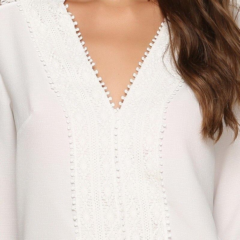Solid Drawstring V Neck Lace Chiffon Shirt Women Vintage Long Sleeve White Blouse Woman Elegant Slim Hollow Lady Top Mujer 28620