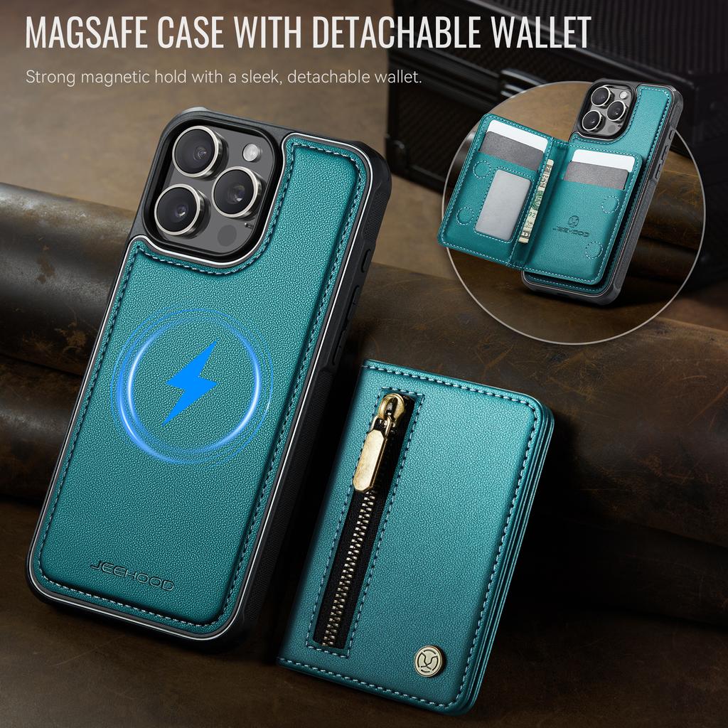 Etui JEEHOOD J12 do iPhone'a 14 Pro Magnetyczne Odpinany portfel na zamek Błyskawiczny Podpórka Skórzany tylny pokrowiec Kompatybilny z MagSafe