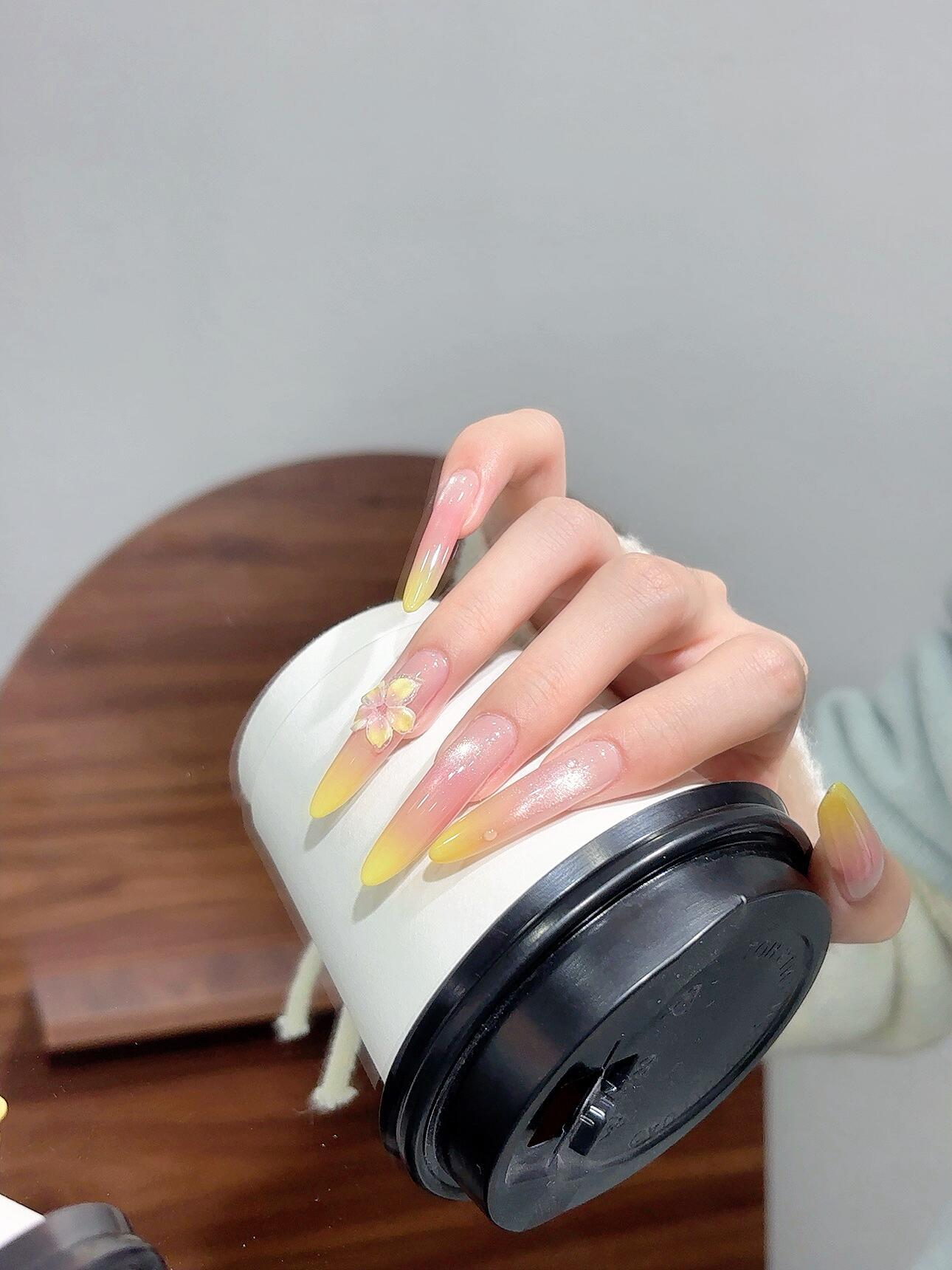 

Clear and White Cat s Eye Yellow Pure Handmade Nail Pure Handmade Summer Medium and Long Nail Patch Fake Nail Piece XS