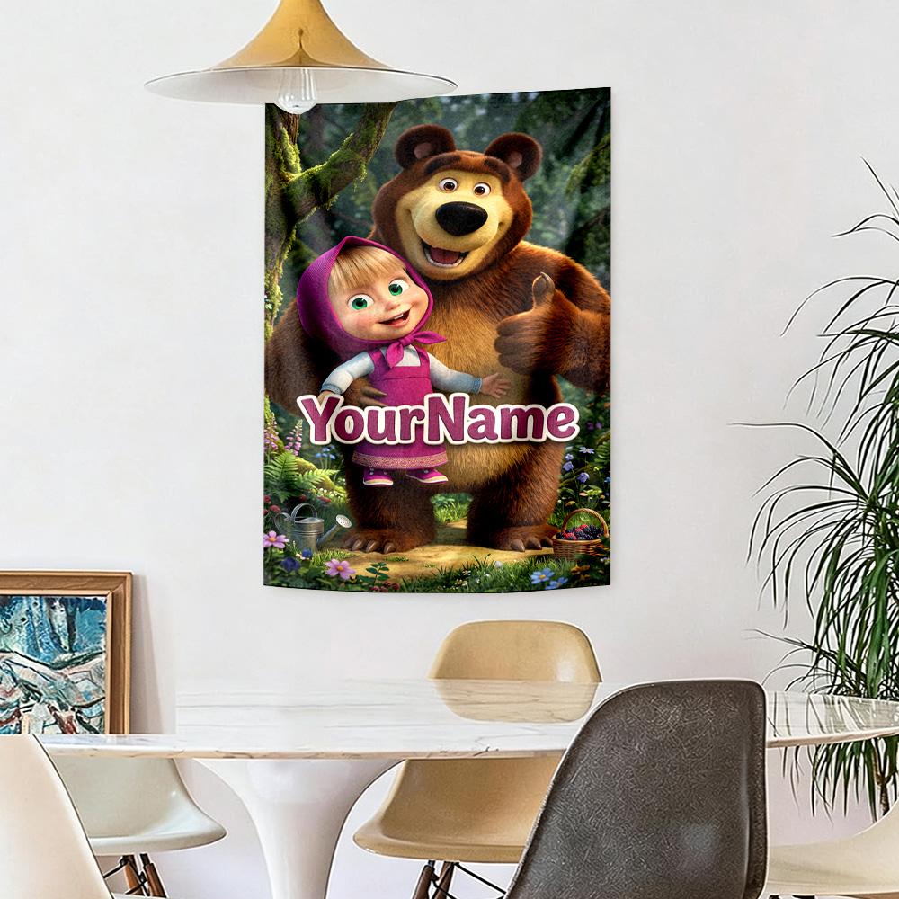 Masha Bear Custom Your Name Wall Decor Tapestry Art For Pet Memorial Birthdaywedding Party Backdrop Family Gift