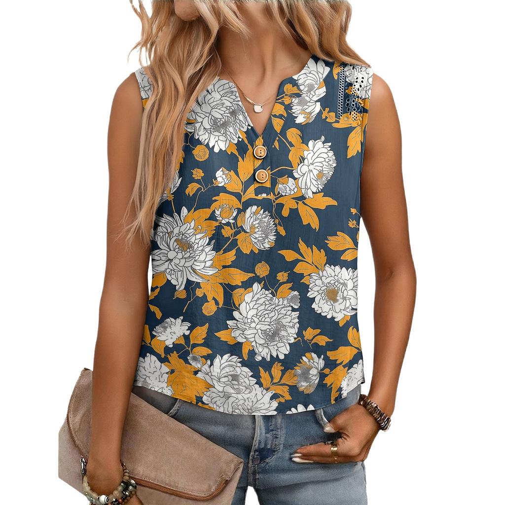 Women's Casual, Loose-Fitting, Printed, Sleeveless Linen Blouse