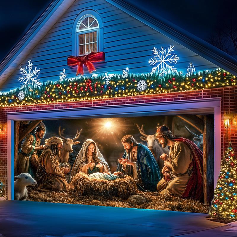 Nativity Christmas scene garage door Banner - Large polyester, outdoor Christmas decoration, suitable for festivals and parties