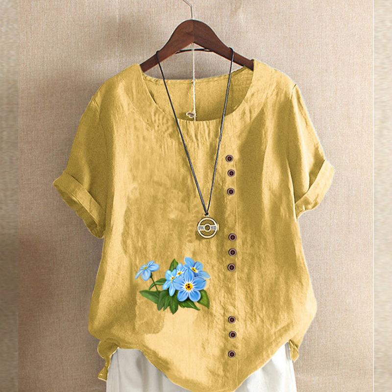 Women's Fashion Flower Prined Short Sleeve T-shirt Loose Cotton Shirt Casual Loose Summer Blouse Tops