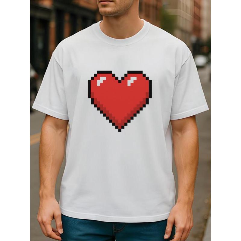 Tailles européennes T-shirt polyvalent pour homme | Imprimé Cœur Pixel, Style décontracté toutes saisons, Facile et tendance, Col rond, Coupe regular