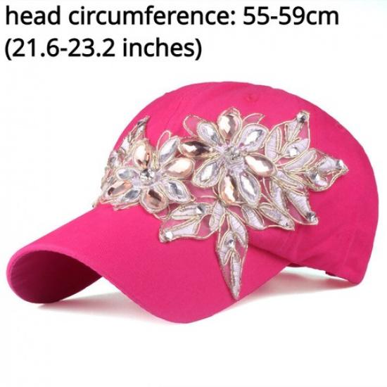 Women Adjustable Baseball Cap Casual Diamond Hat Applique Flower Crystal Hip Hop