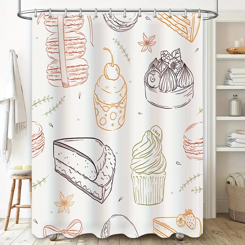 Kitchen Decor Shower Curtain With Dessert Illustrations Orange Floral Design Bath Rug For Home Decoration In Bathroom Accessorie