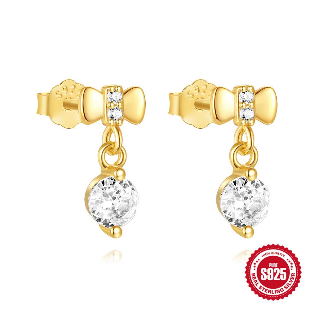 Daily Wear S925 Sterling Silver Round Diamond-Encrusted Bow Five-Pointed Star Three-Layer Earrings Micro-Inlaid Stud Earrings
