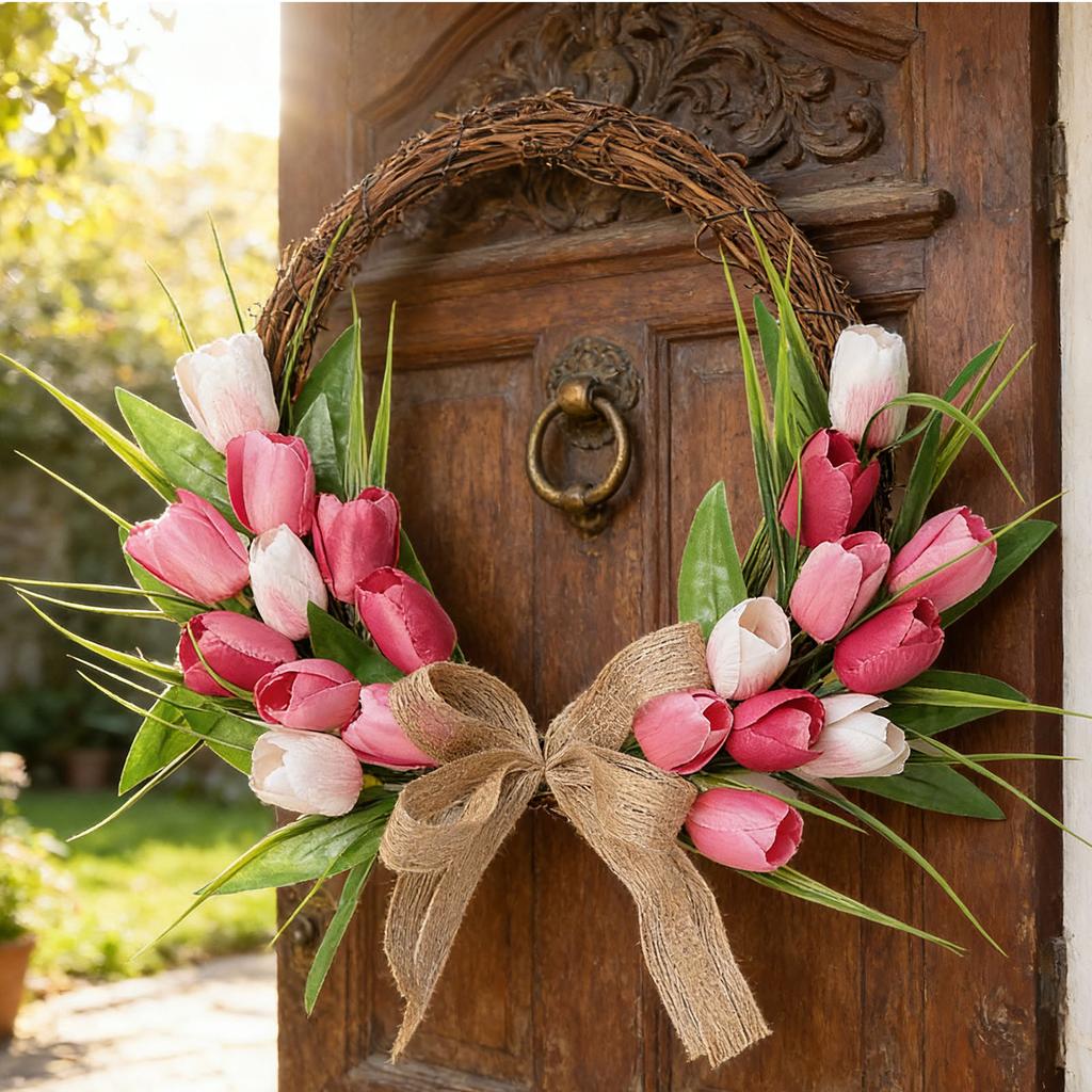 Flower Wreath Front Door Easter Wreath Fadeproof Artificial Spring Wreath for Indoor Outdoor Home Decor Red Pink White