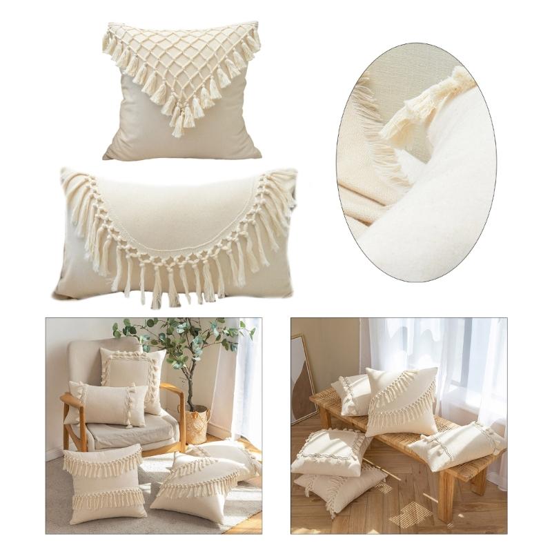 Soft Cotton-ramie Pillow Covers, European Style With Tassels Cushion Cover Shell for Sofa Bedroom Cream Beige Stylish