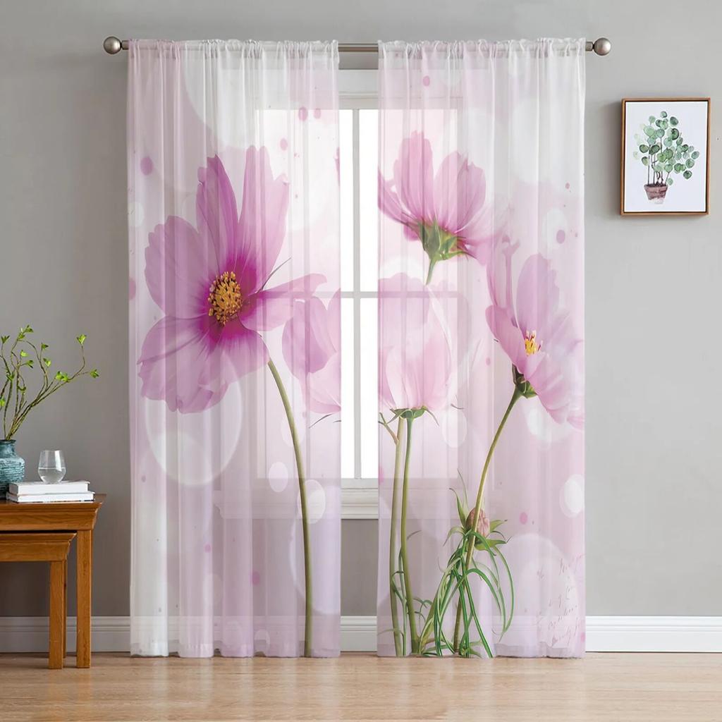 Lila Blumen Tinte durchsichtige Vorhänge für Mädchen, Kinder, Schlafzimmer, Küche, Fenster, Vorhänge, Heimdekoration