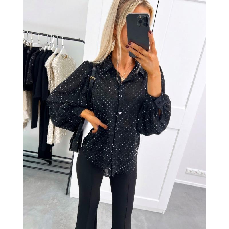 Women's Fashion Casual Spring Fall Polka Dot Print Long Sleeve POLO Neck Blouses & Shirts