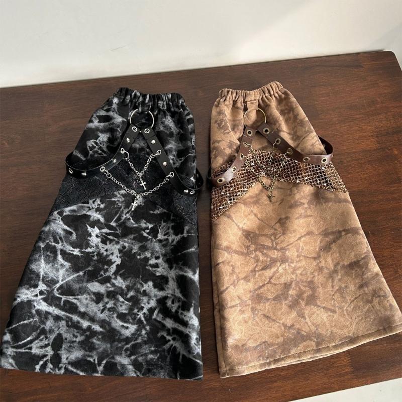 Damen Subkulturen Punk Netz-Spleißung Tie-Dye Beinwärmer Ösen PU-Riemen Kette Ausgestellte Baggy Fußabdeckungen Lange Socken
