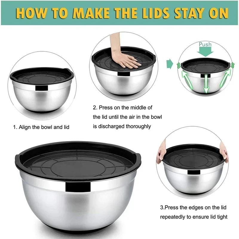 6-piece Set Mixing Bowls with Lids and Non Slip Bases Stainless Steel Mixing Bowls Set for Baking Nesting Storage Bowls