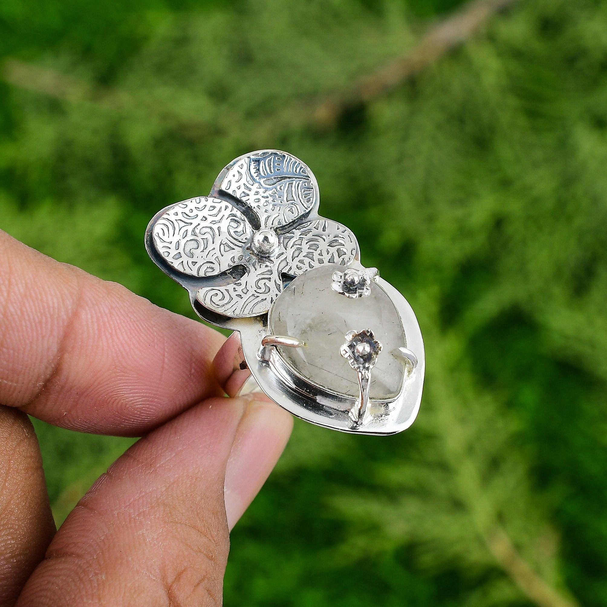 

925 Sterling Silver Black Rutilated Quartz Stone Statement Flower Ring Jewelry Adjustable