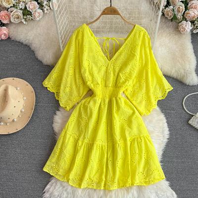 Vintage oco bordado vestido de cintura alta fada a linha vestido de manga curta chique verão praia vestidos femininos férias vestido de verão