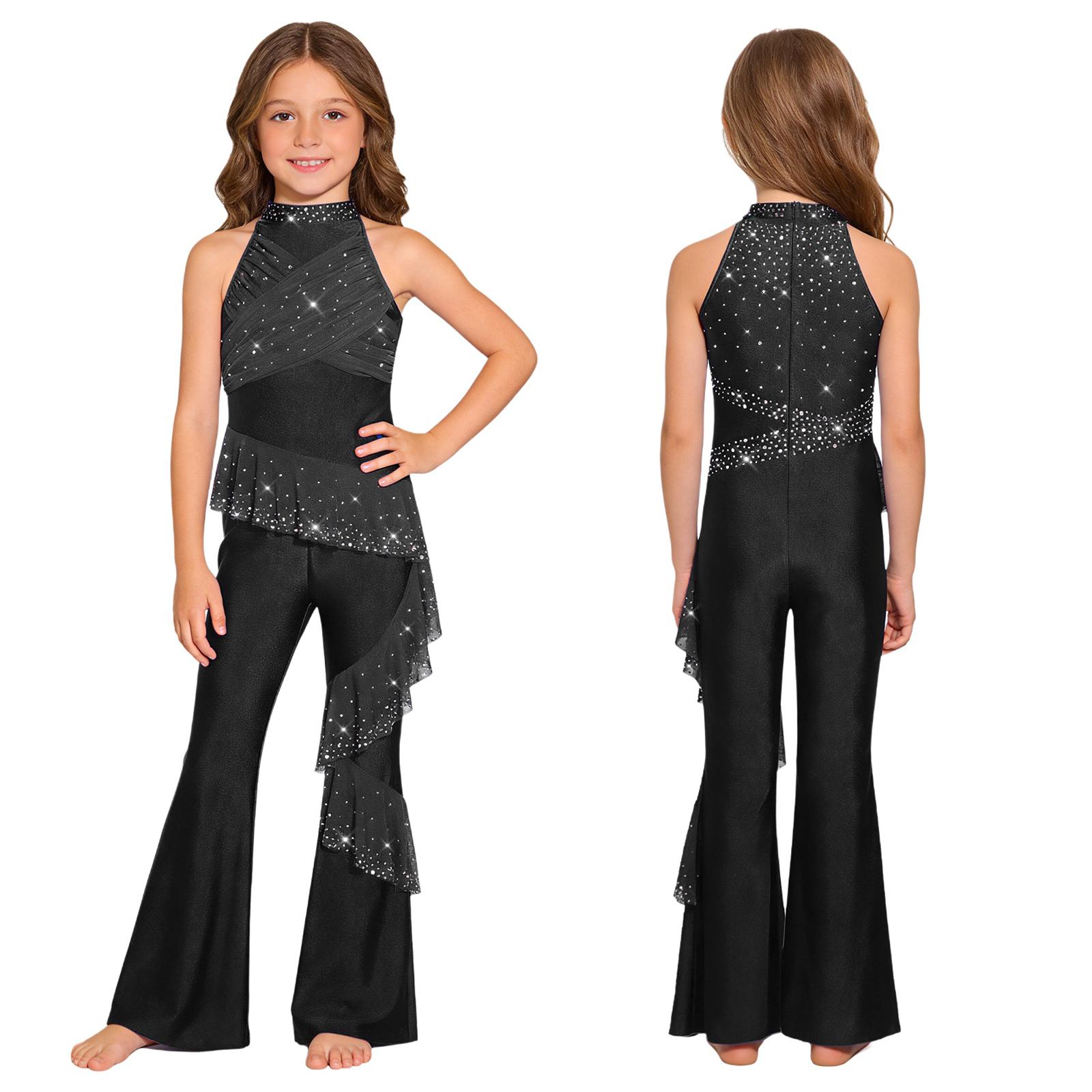 

Girls Sparkling Rhinestones Dance Jumpsuit: Sleeveless Ruched Mesh Ruffles Bell-Bottom Bodysuit for Stage Performance 11-12 Years чёрный
