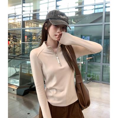 New Style Waist Slimming Half-open Collar Plus Velvet Warm Long-sleeved T-shirt Women's Autumn and Winter Bottoming Shirt Zipper Small Top