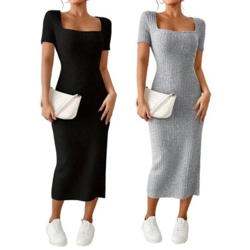 Women Summer Dress Square Neck Split Hem Knitted Elastic Skinny Solid Color Mid-calf Length Short Sleeves Lady Party Commute Midi Dress