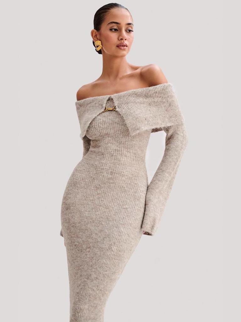 Women's Elegant Off-the-Shoulder Knit Dress with Lapel - European & American Style 2026