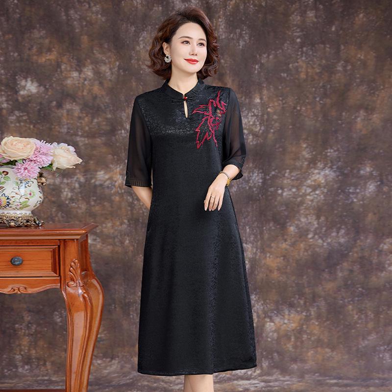 

Elegant 2026 Qipao-Inspired Summer Dress, Slimming and Loose Fit, Plus Size, Round Neck, Perfect for Weddings or Banquets XL (90-105 lbs) чёрный