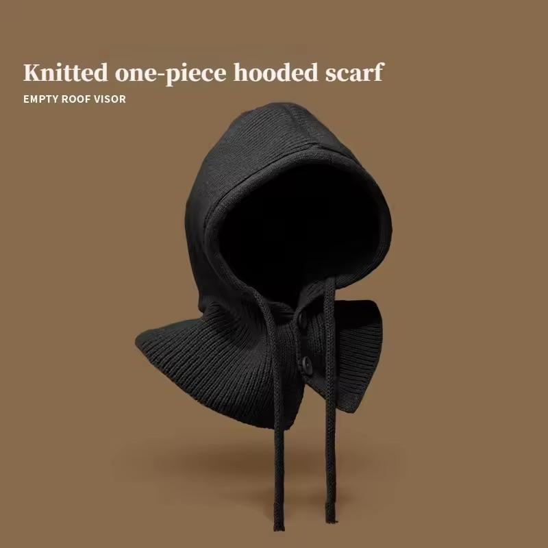 

Korean Fashion Warm Balaclava Hat for Women Drawstring Detachable Collar Y2K Winter Outdoor Warm Knitted Face Mask Scarf Cover чорний