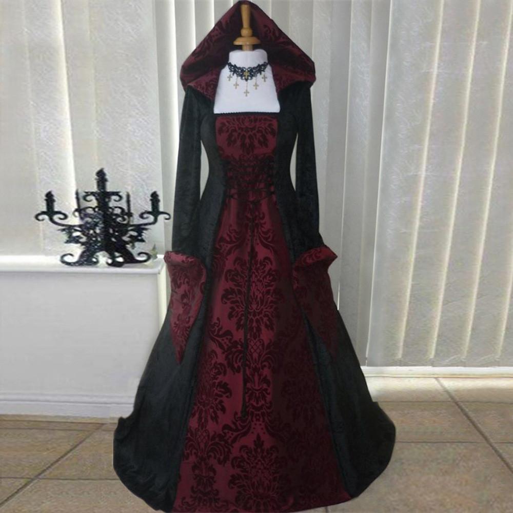 Long Hooded Sleeved Dress Draw In Waist Printed Court Skirt Cosplay Costume