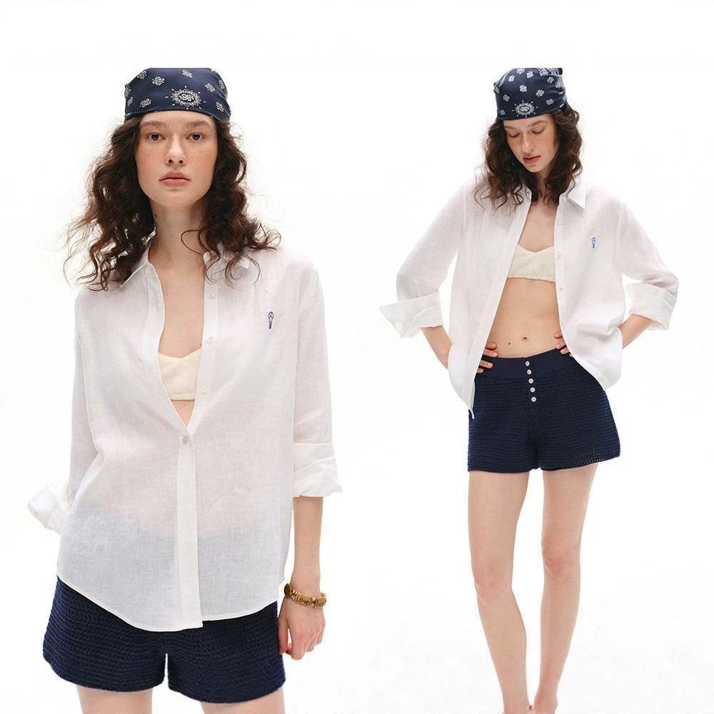 Peach Linen Embroidered Shirt Women's Long Sleeve Loose Lapel Commuter Sunscreen Shirt Summer Top