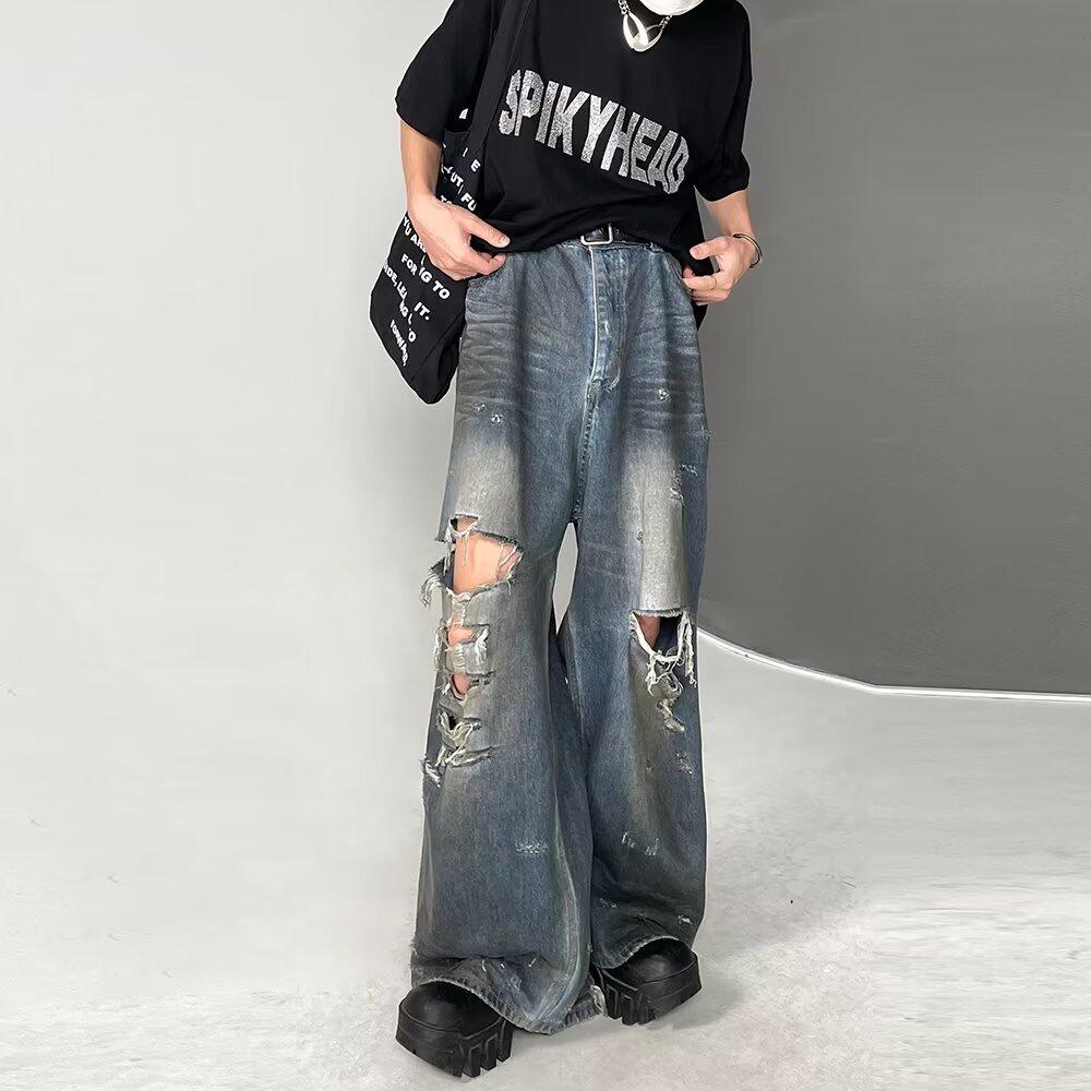 

Unisex High Street Trend Ripped Beggar Jeans - Hip-Hop Niche Design Pants 3XL синій