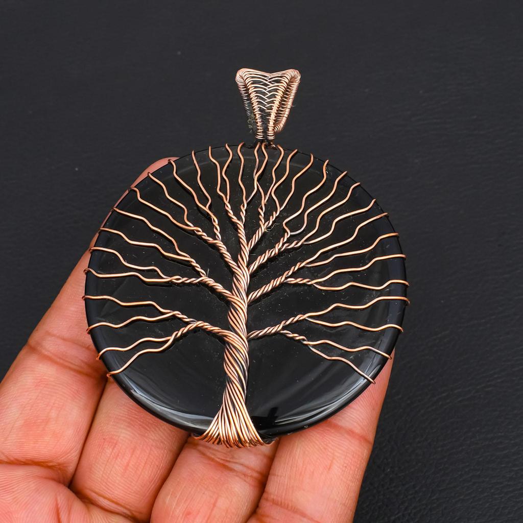 Handcrafted Huge Round Black Onyx Pendant, Artistic Tree of Life Copper Wire Wrap, Oversized Gemstone Necklace, Boho Chic Jewelry