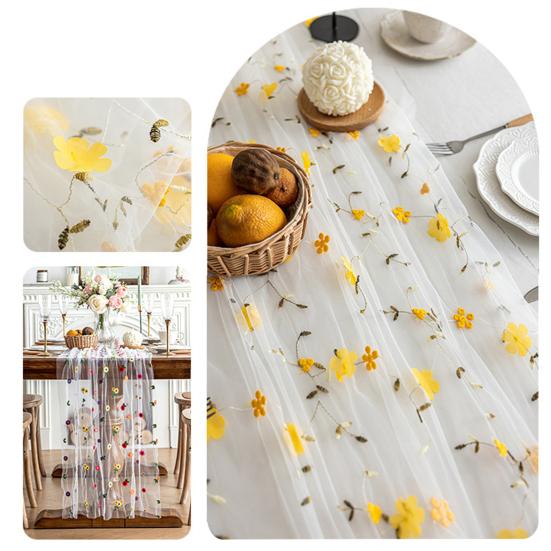 Květinová výšivka Běhoun na stůl Vyšívaný květinový tylový běhoun na stůl Jarní letní běhoun na stůl