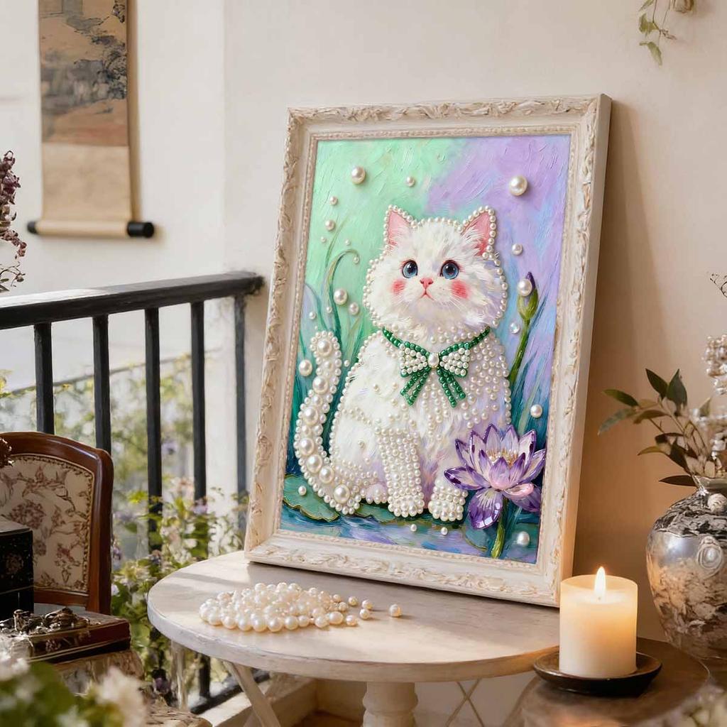 5D DIY Frameless Pearl Painting Little Fat Cat Pattern Painting Kit Suitable for Home Living Room Bedroom and Other Wall Decoration Art Paintings