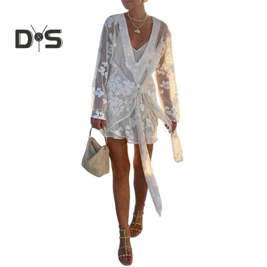 

Женское бикини-накидка с V-образным вырезом, длинным рукавом, прозрачным вышитым цветочным узором, со шнуровкой, купальник-накидка S белый