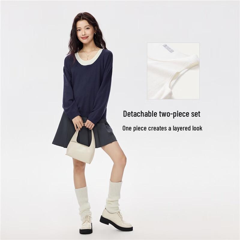 Giordano Women's Colorblock U-Neck Knit Vest & Loose Sweater Two-Piece Set