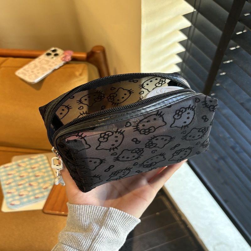 Black Mesh Hello Kitty Makeup Bag Portable Cosmetic Pouch Durable Organizer For Travel