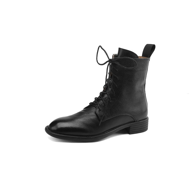 Krazing Pot Cow Leather Winter Round Toe Thick Low Heels Western Boots Women Lace Up Retro Ankle Boots