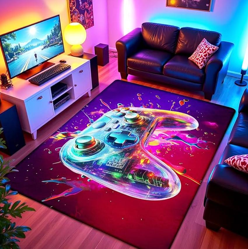 Area Rug Neon Game Controller Pattern Non Slip Washable Gaming Room Rug for Gamer Home Decoration