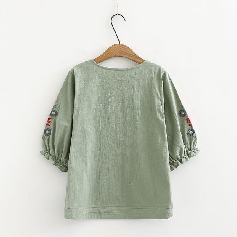 Letnia Nowość Styl Retro Literacki Luźna i Wszechstronna Etniczny Styl Bawełniana i Lniana Haftowana Koszula dla Kobiet