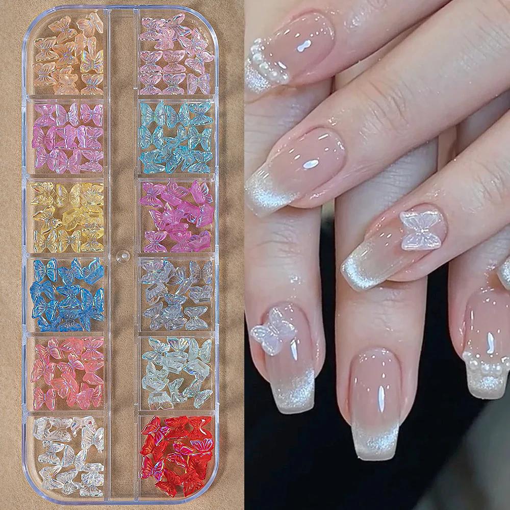 12Grids/Box Mixed Resin Bowknot Nail Charms 3D Colorful Bow Kawaii Rhinestone Nail Art Decorations DIY Manicure Parts Pen Tweeze