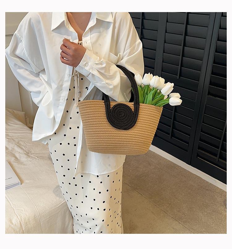 Contrast Color Cotton Rope Woven Women's Tote: Stylish, Large Capacity, Versatile Korean Handbag