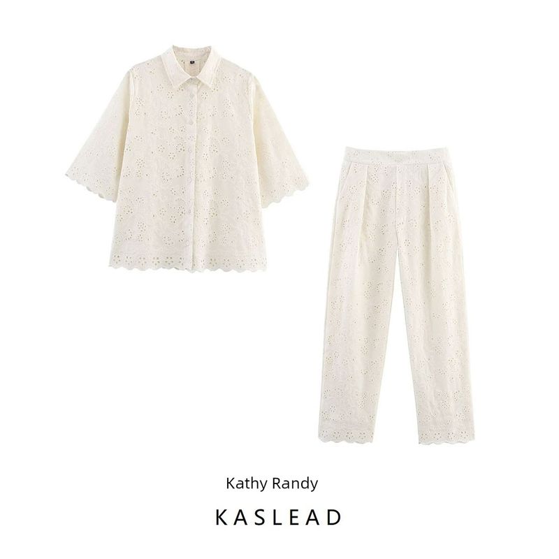 Kaslead New Women clothes Western Style Hollow Embroidery Shirts Casual Trousers 2731063 2731064