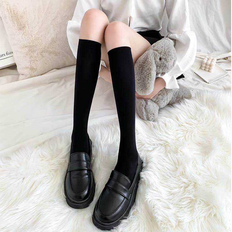 JK Women's Over-the-Knee Black & White Mid-Tube Stockings - Thin, High Calf Socks for Spring & Summer.