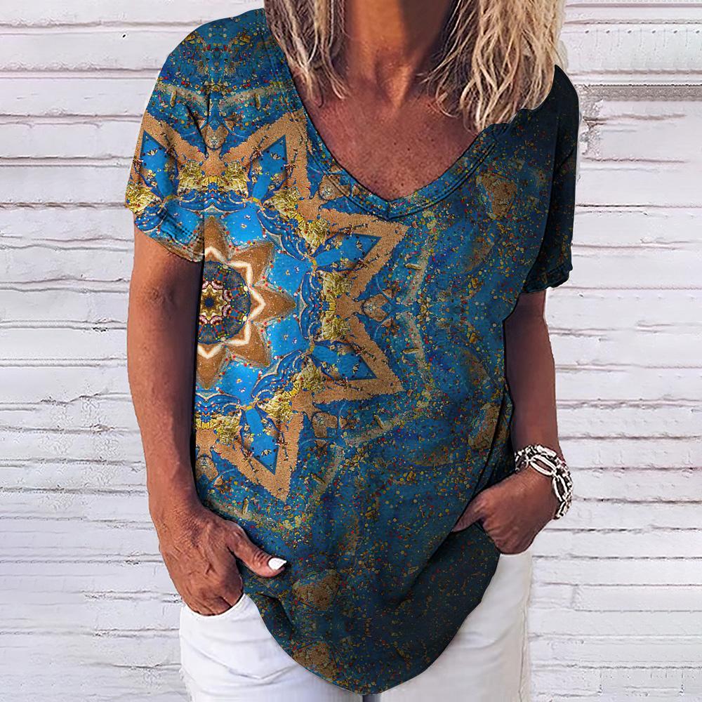 Summer T Shirt For Women 3d Fashion Geometric Print V Neck Short Sleeve Basic Tops Streetwear Casual Oversized Female Clothing
