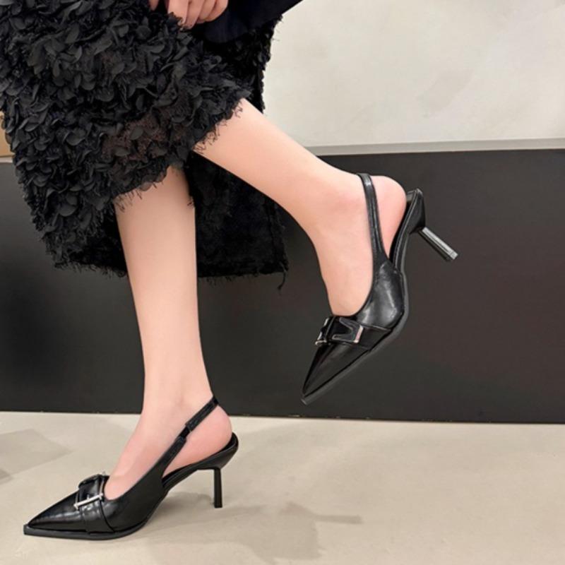 Women's Fashion Metal Belt Buckle Baotou Sandals Summer New Pointy Toe Shallow Mouth Set Foot Non-slip High Heels