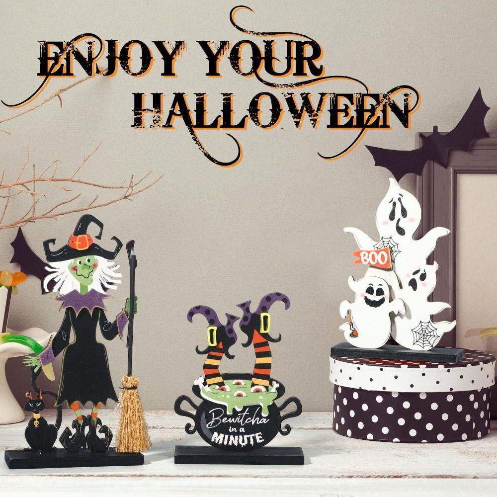 Wooden Halloween Wooden Decor Handicraft Witch Pumpkin Ghost Bat Ornaments Long-lasting Happy Halloween Table Decoration
