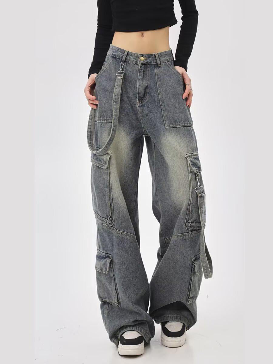 

Women s Plus Size Streetwear Wide-Leg Denim Jeans with Multi Pockets - Floor-Length, Loose-Fit, Slimming Design XL