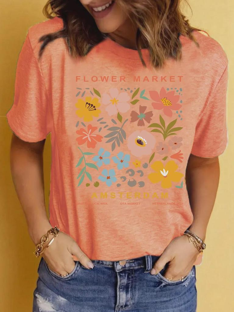Women's Summer Patterned Round Neck Short-Sleeve Casual T-Shirt