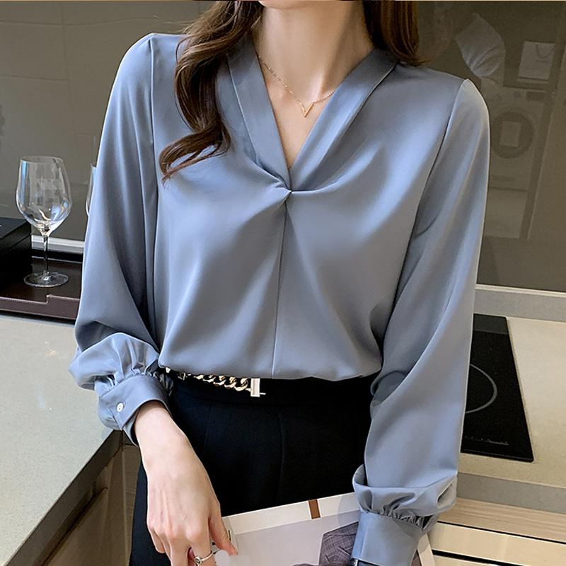 Fashion Blouses Shirts Long Sleeve V-Neck Office Lady Black White Chiffon Blouse Shirt Women Tops J753