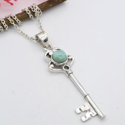 Larimar Gemstone Handmade Key Pendant 925 Sterling Silver Unisex Jewelry For Gift